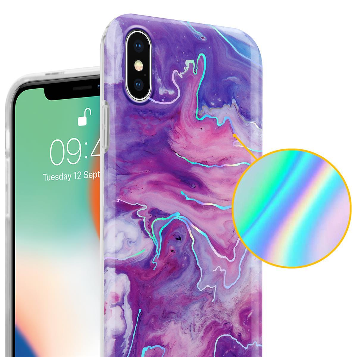 Custodia con design colorato. Dettaglio del telefono a sinistra. Mostra un arcobaleno.