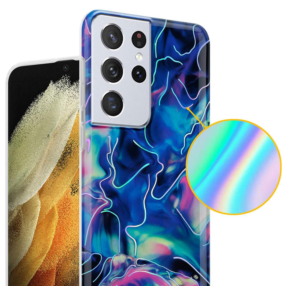 Una custodia per telefono con un design colorato. C'è un primo piano del retro della custodia.