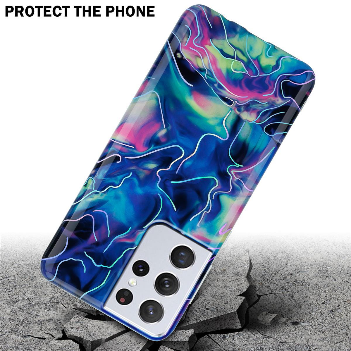 Custodia per telefono con design astratto, colori vivaci e terreno crepato sotto.