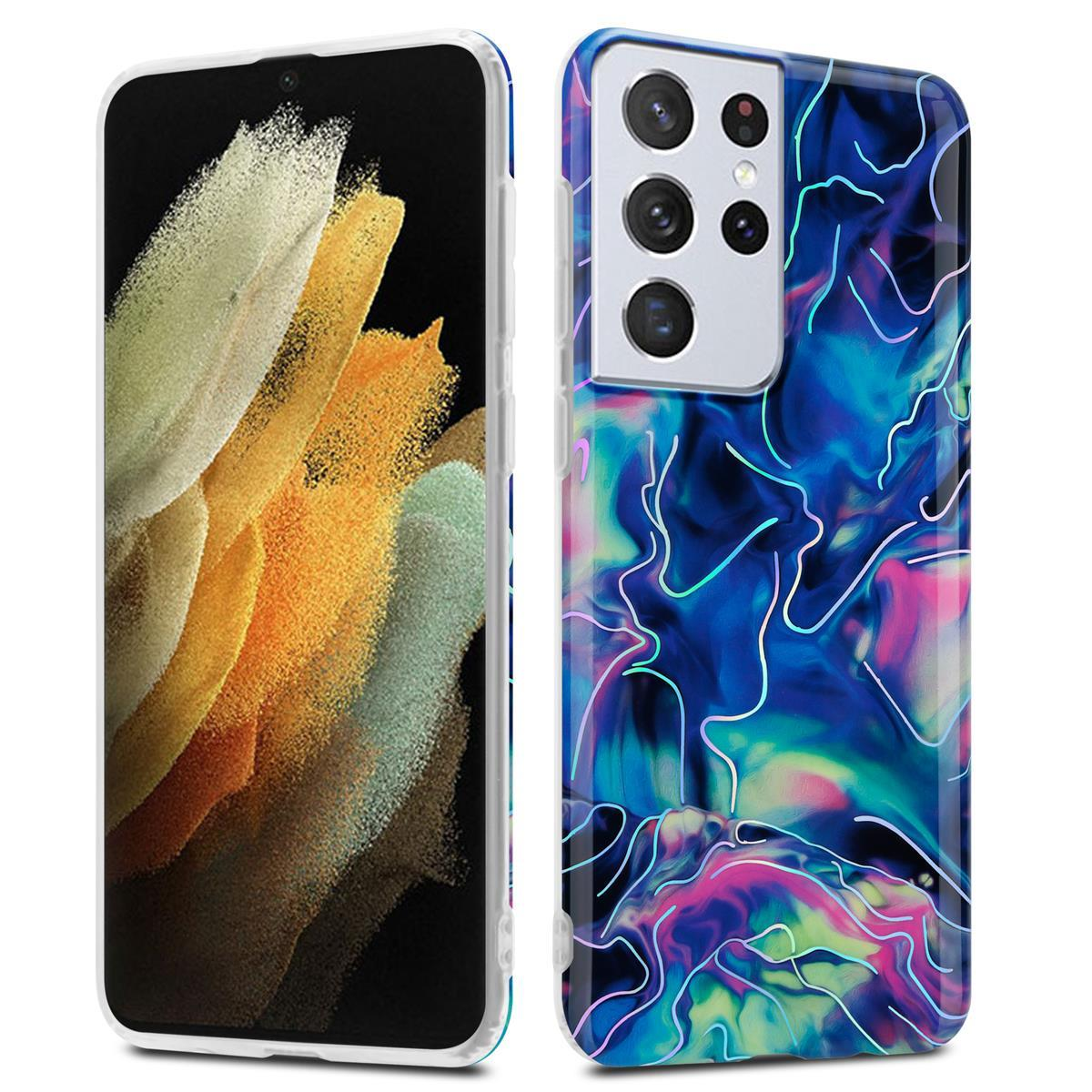 Custodia per telefono con design astratto blu e rosa. Il telefono è nero.