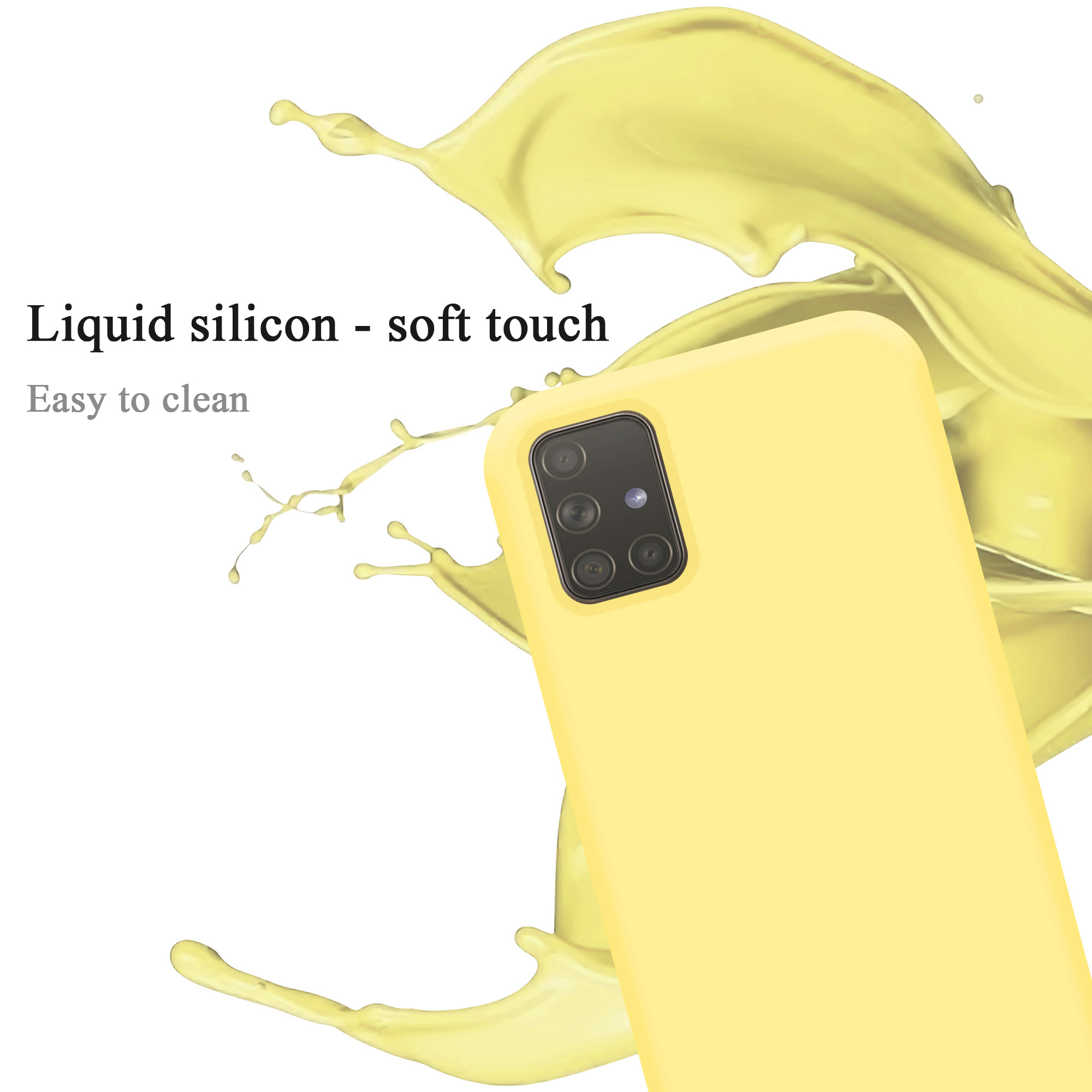 Gelbe Handyhülle mit Kamera und einem Spritzer gelber Flüssigkeit. Das Telefon befindet sich auf weißem Grund.