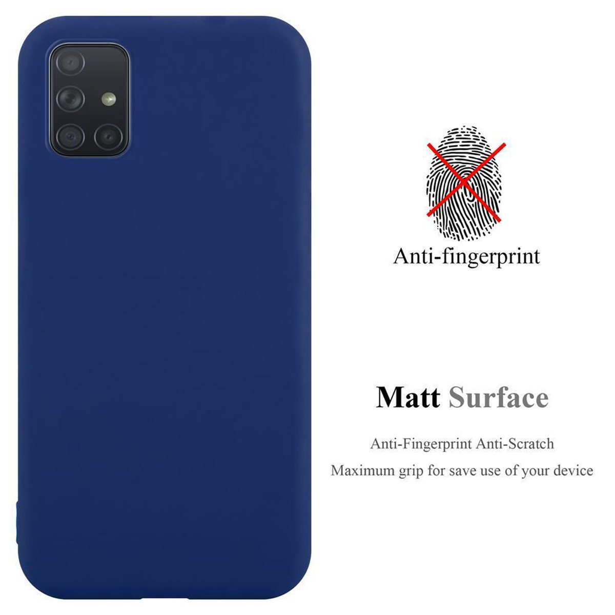 Blaue Handyhülle mit Anti-Fingerabdruck- und Matt-Oberflächen-Eigenschaften. Ein Fingerabdrucksymbol ist durchgestrichen.