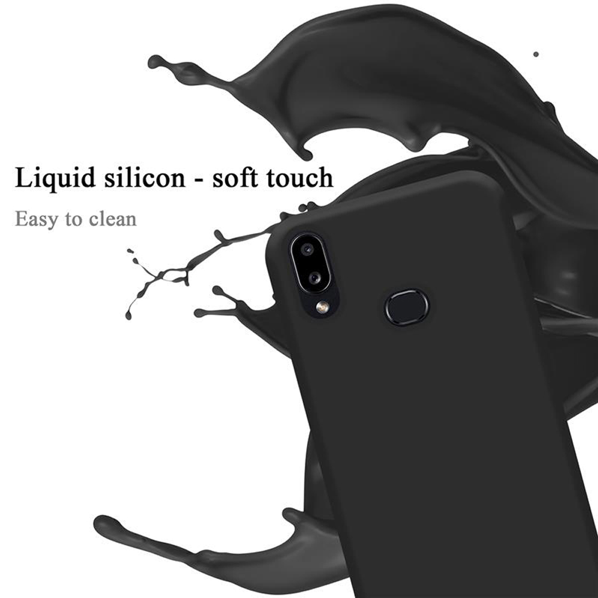 Eine schwarze Handyhülle mit schwarzem Flüssigkeitsspritzer. Text: Flüssiges Silikon - Soft-Touch.