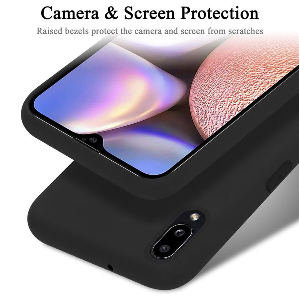 Eine schwarze Handyhülle mit einem Telefon darin, die Kamera und den Bildschirmschutz zeigend.