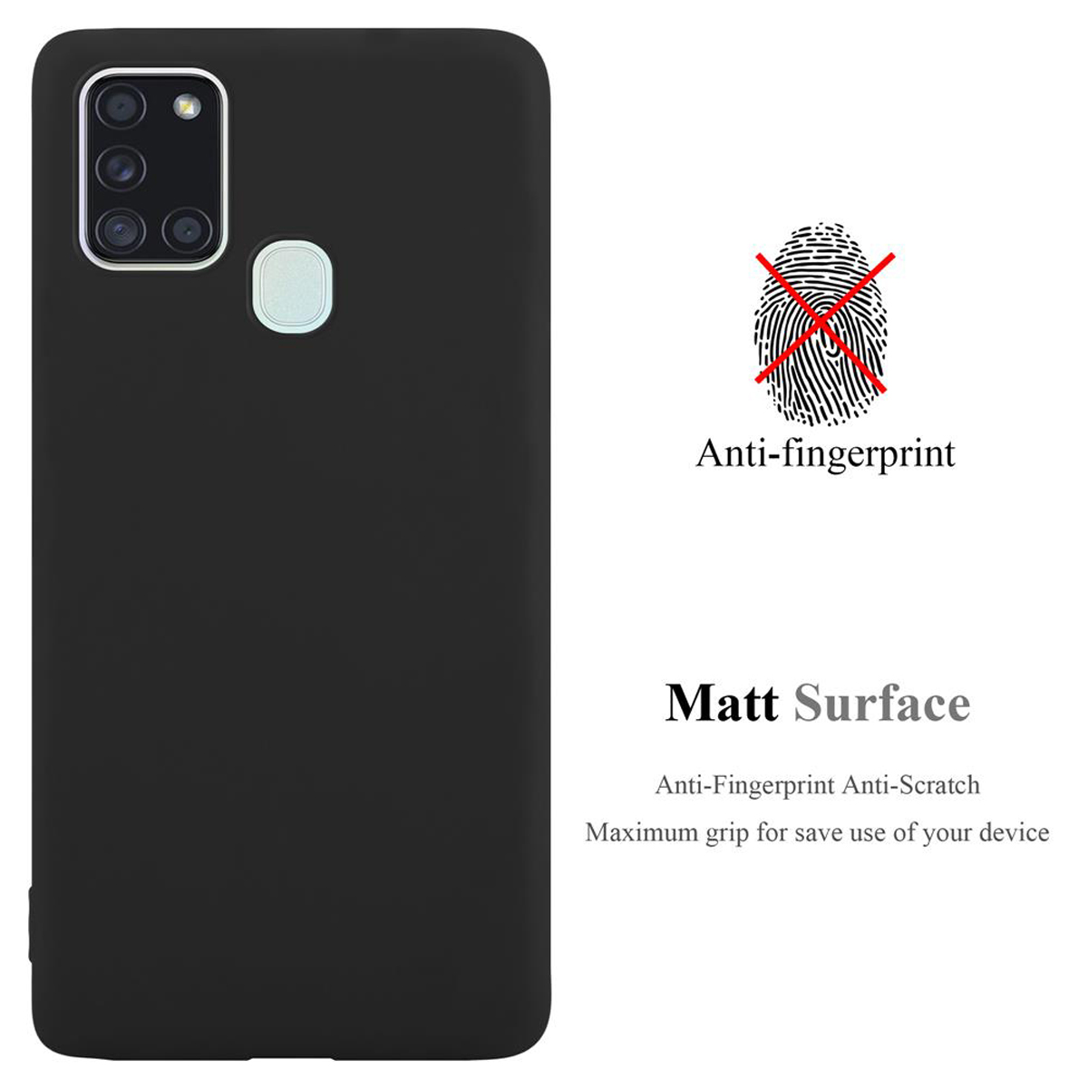Schwarze Handyhülle. Fingerabdruck-Symbol. Text: Anti-Fingerabdruck, Matt-Oberfläche, Anti-Kratzer, Griff.