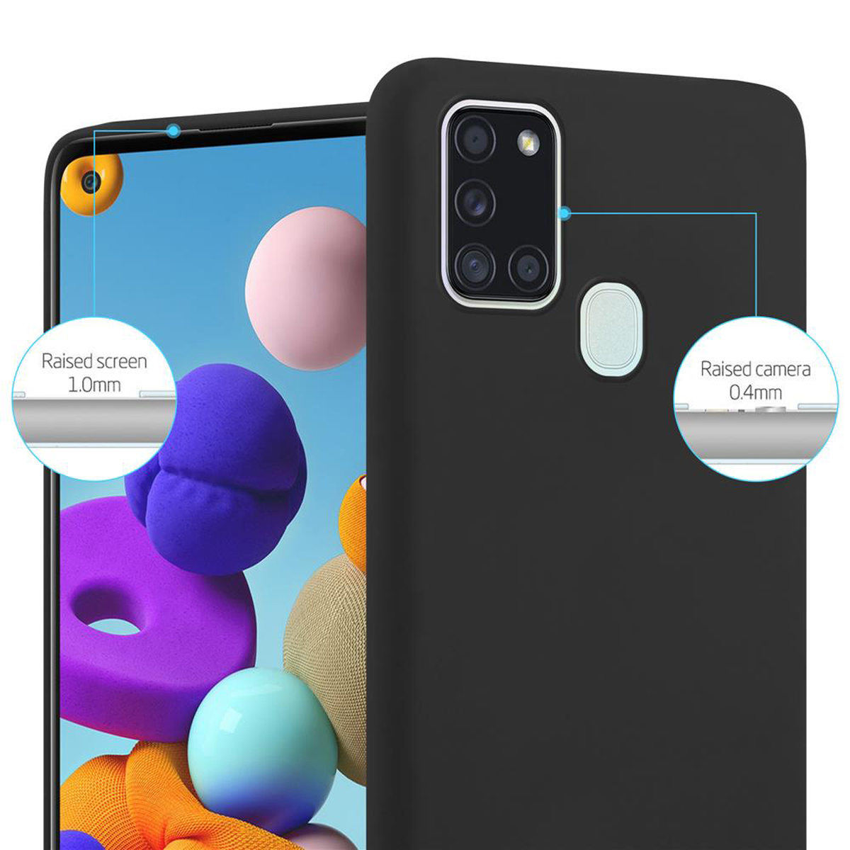 Schwarze Handyhülle. Telefon mit lila und blauen Formen auf dem Display. Erhöhte Bildschirm- und Kameradetails.