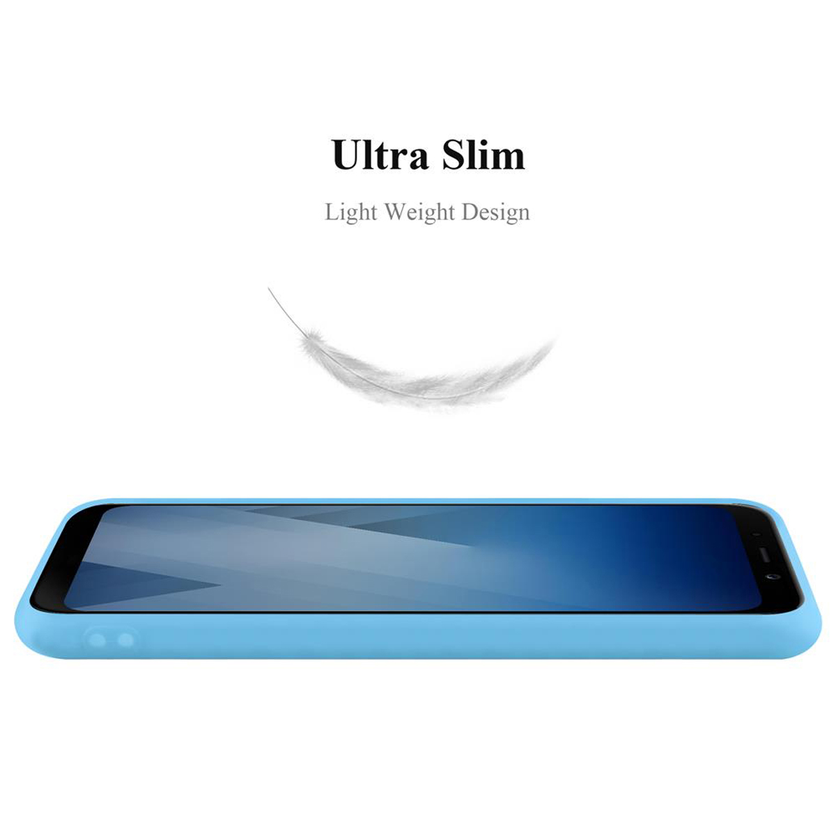 Custodia per telefono azzurra. La custodia del telefono è su uno sfondo bianco. Il testo è sopra.