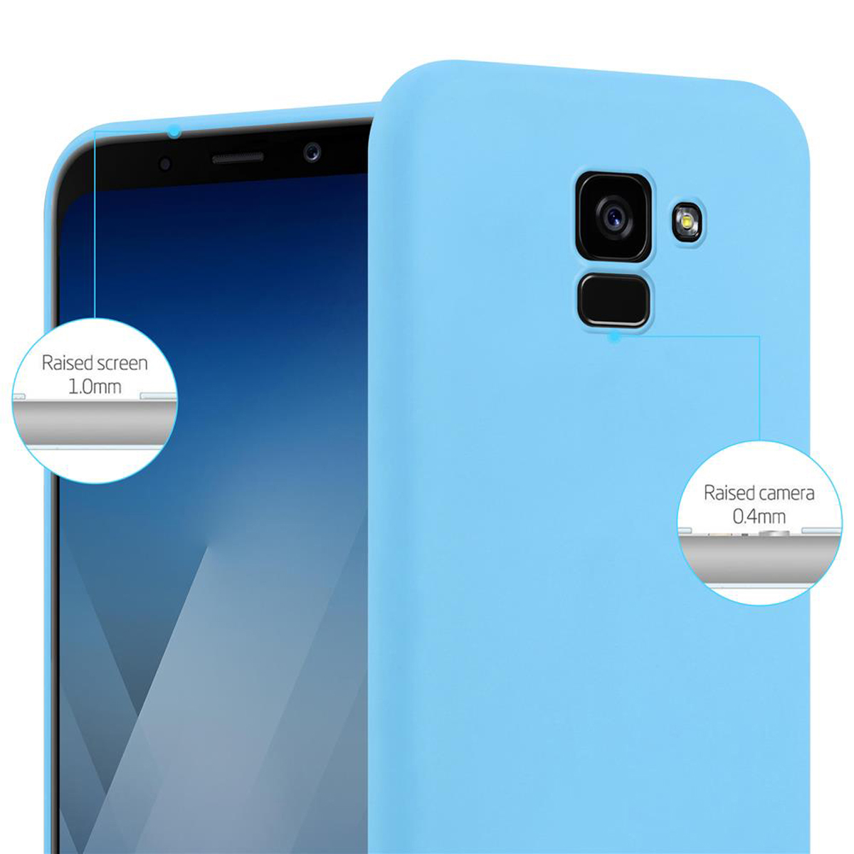 Primo piano di una custodia blu con protezione schermo e fotocamera rialzata, dettagli evidenziati.