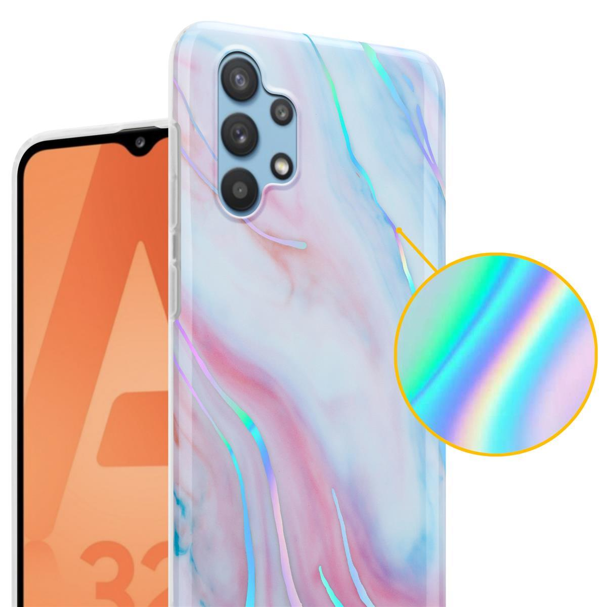 Custodia per telefono con design a marmorizzazione. La custodia ha un effetto di riflessione arcobaleno. Il telefono a sinistra.