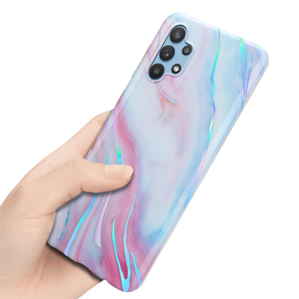 Mano che tiene una custodia per telefono con un motivo simile al marmo. La custodia ha colori blu, rosa e bianco.