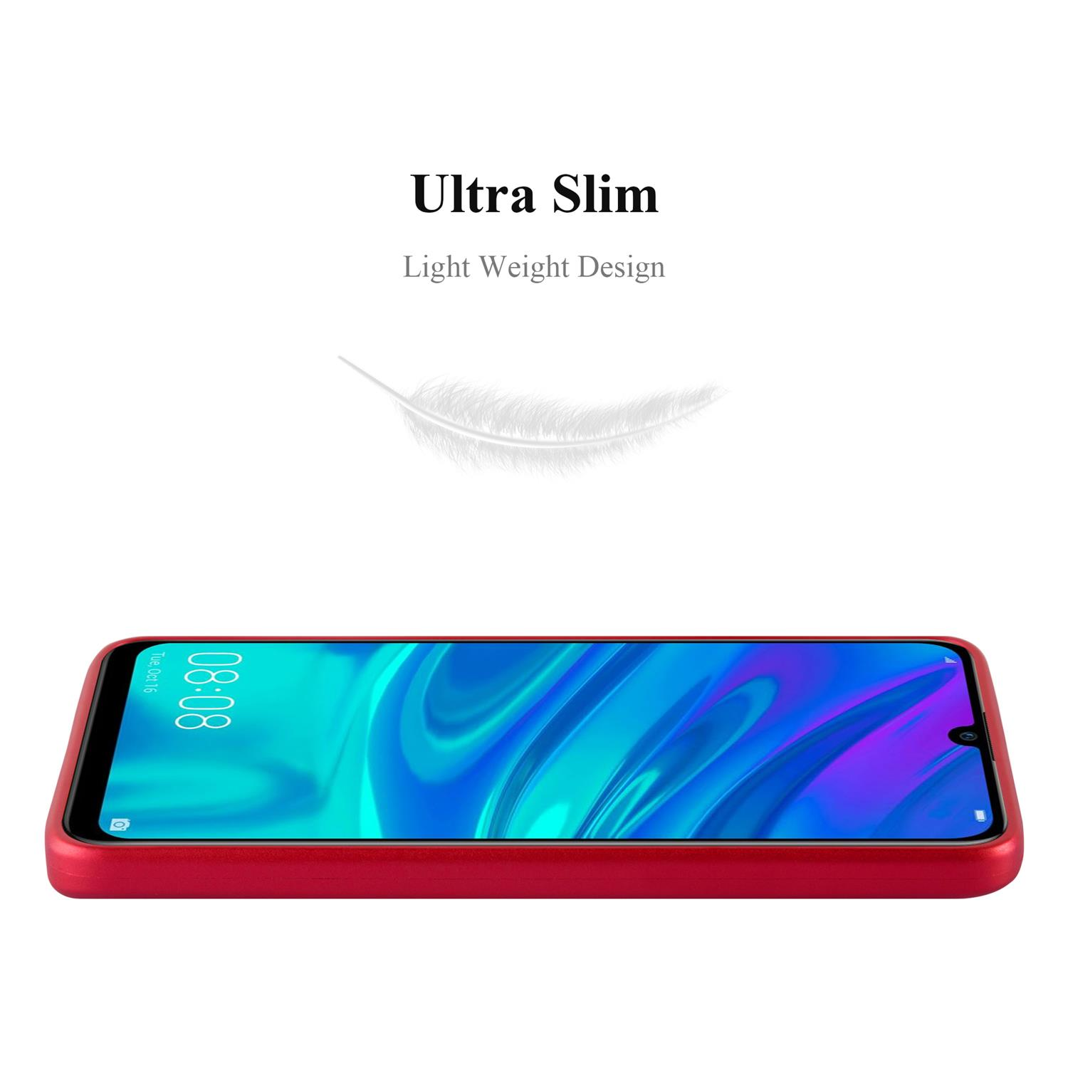 Rote Handyhülle mit schwarzem Bildschirm, Text oben: Ultra Slim, Light Weight Design und eine Federgrafik.