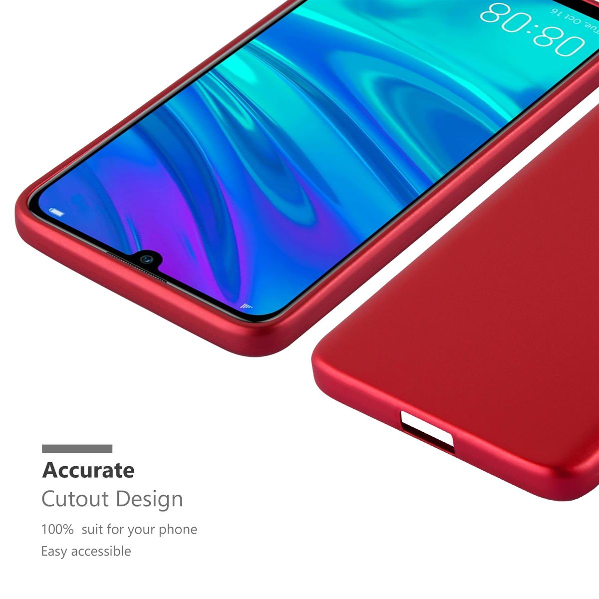 Eine rote Handyhülle und ein Telefon mit blauem Bildschirm.