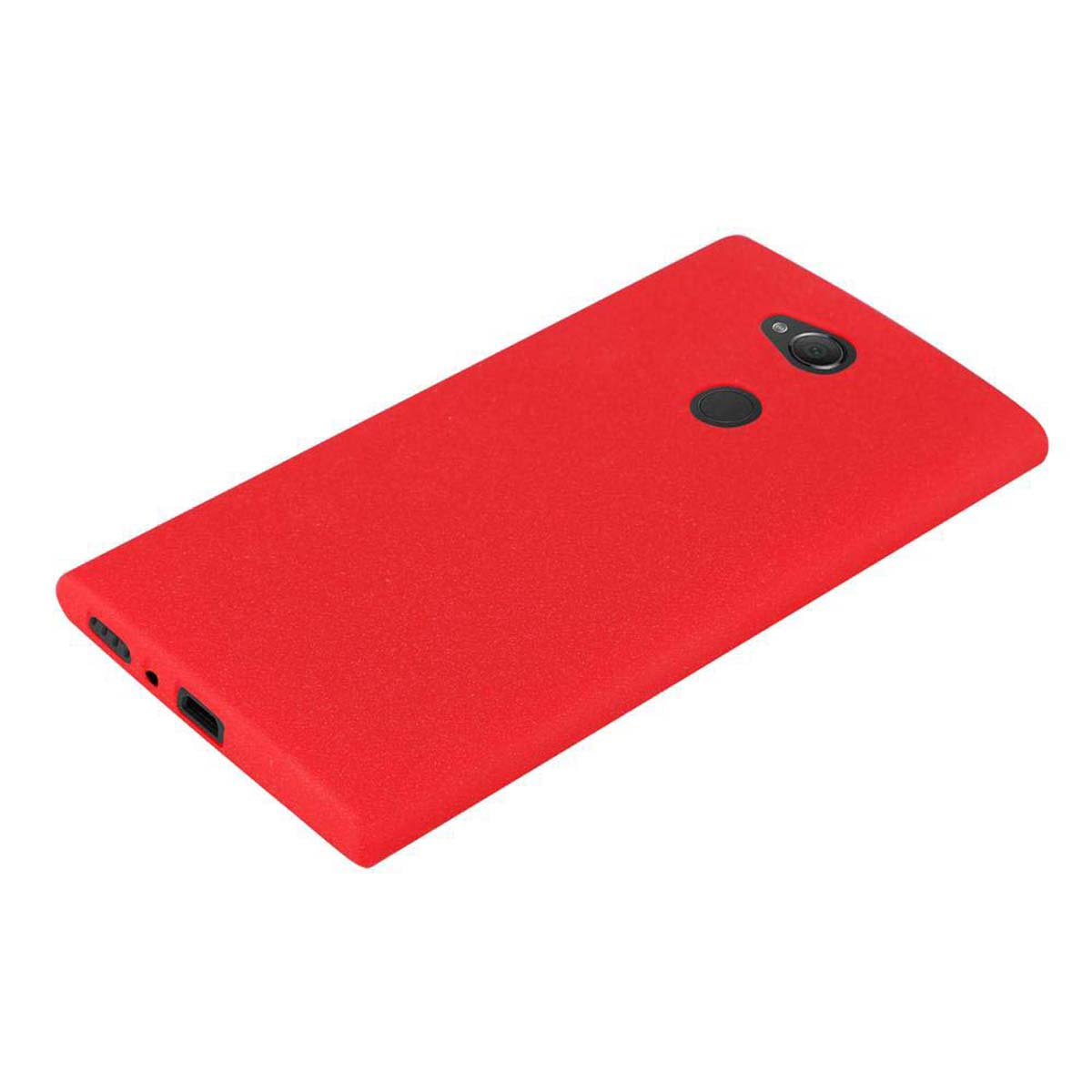 Una custodia rossa per telefono su una superficie bianca. La custodia ha una fotocamera e dei pulsanti.