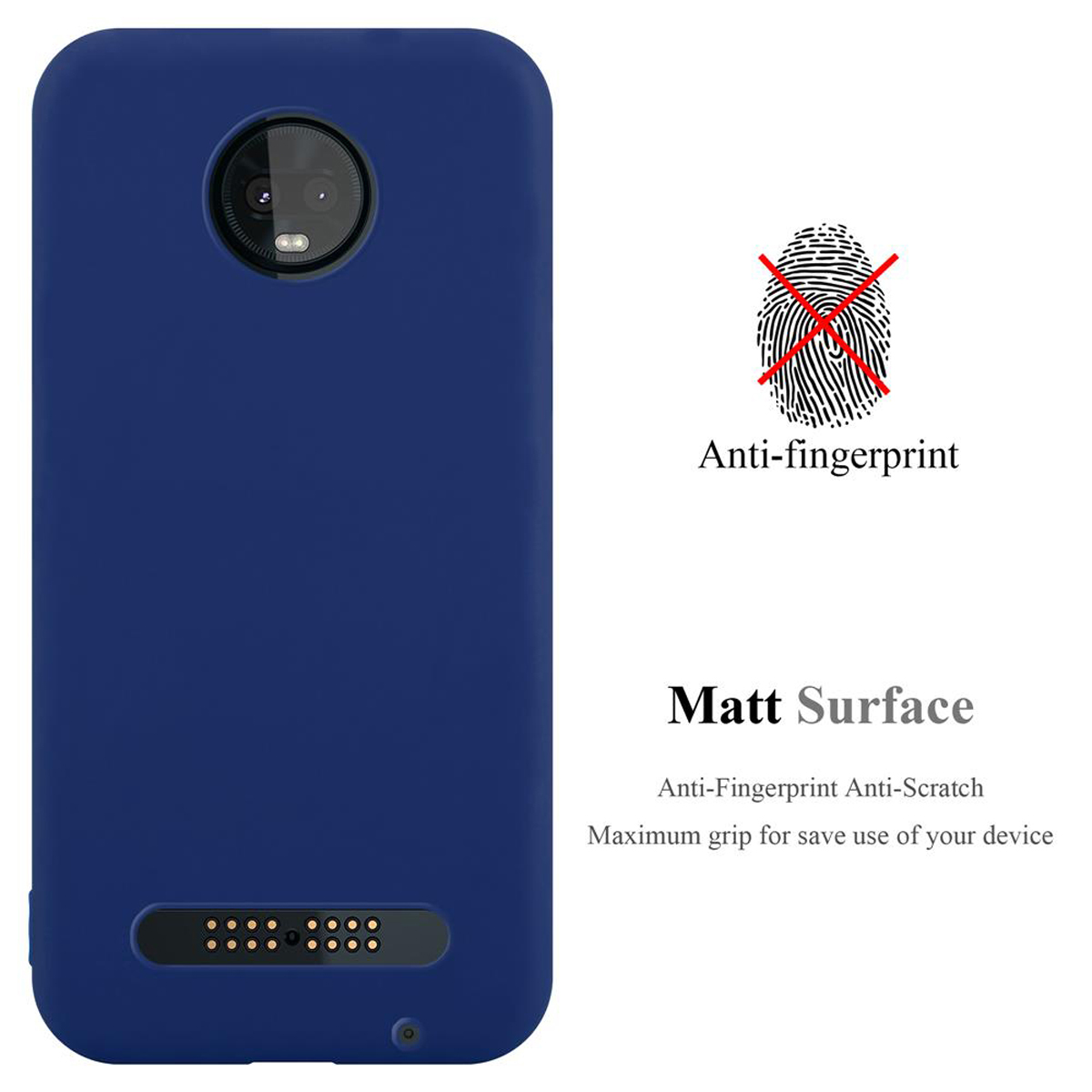 Una custodia blu per telefono con simbolo di impronta digitale barrato e la scritta 'Matt Surface'.