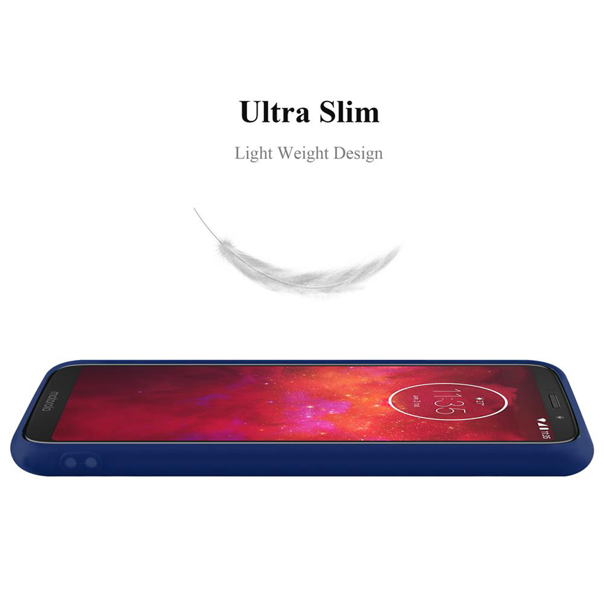 Un telefono in una custodia blu navy, con una piuma che fluttua sopra. Lo sfondo è bianco.