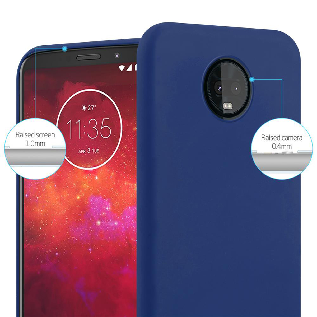 Custodia blu per telefono con telefono che mostra ora e dettagli dello schermo.
