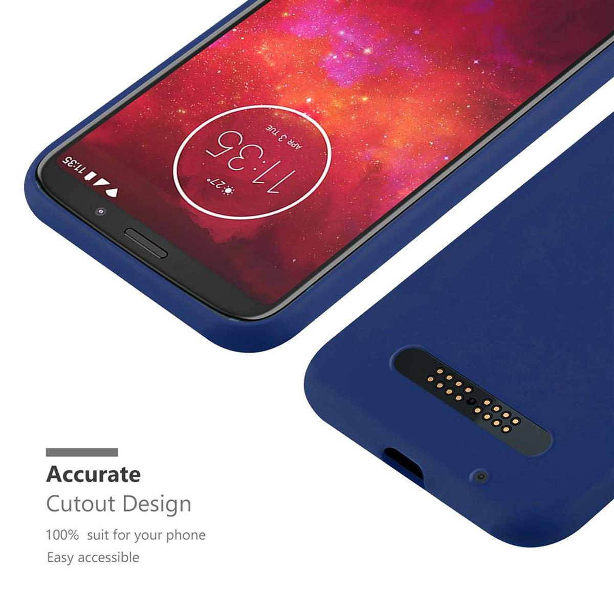 Una custodia blu per telefono con telefono all'interno, il testo recita Accurate Cutout Design. Sfondo bianco.