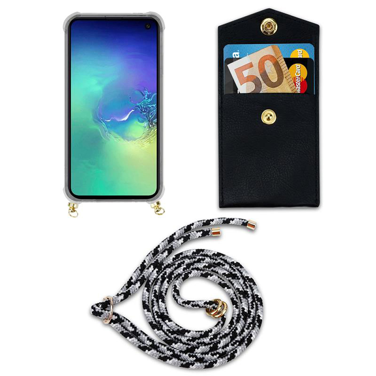Sono esposti una custodia per telefono, un telefono e un cinturino. Il telefono mostra uno schermo e la custodia contiene denaro.