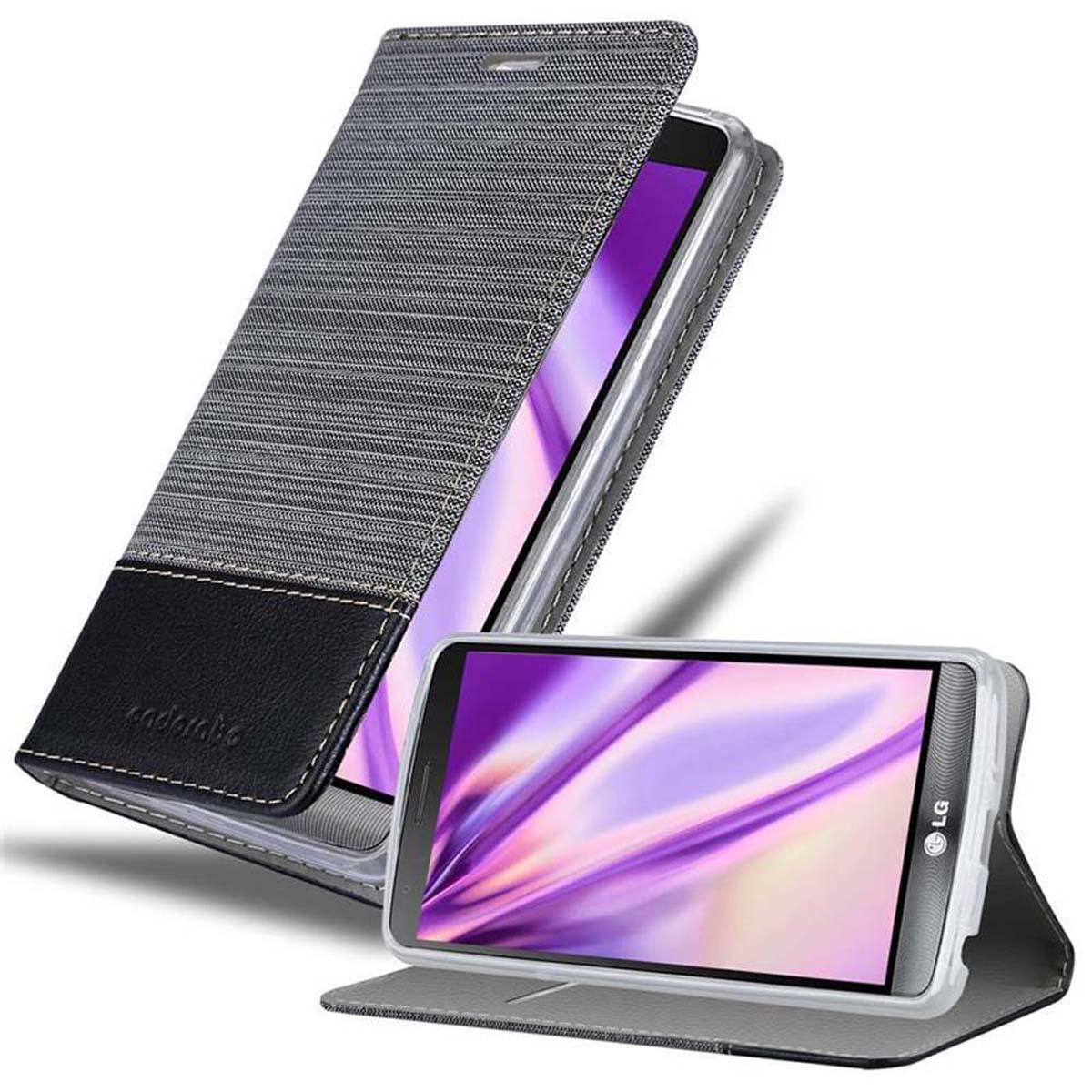 Teléfono en una funda gris. La funda tiene una pestaña de cuero negro. Otro teléfono dentro.