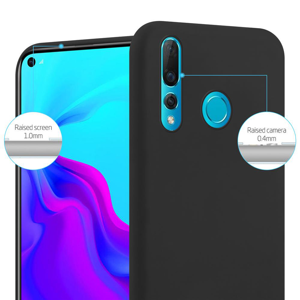 Una custodia per telefono nera con schermo e fotocamera rialzati. Testo: Schermo rialzato 1,0 mm, fotocamera rialzata 0,4 mm.