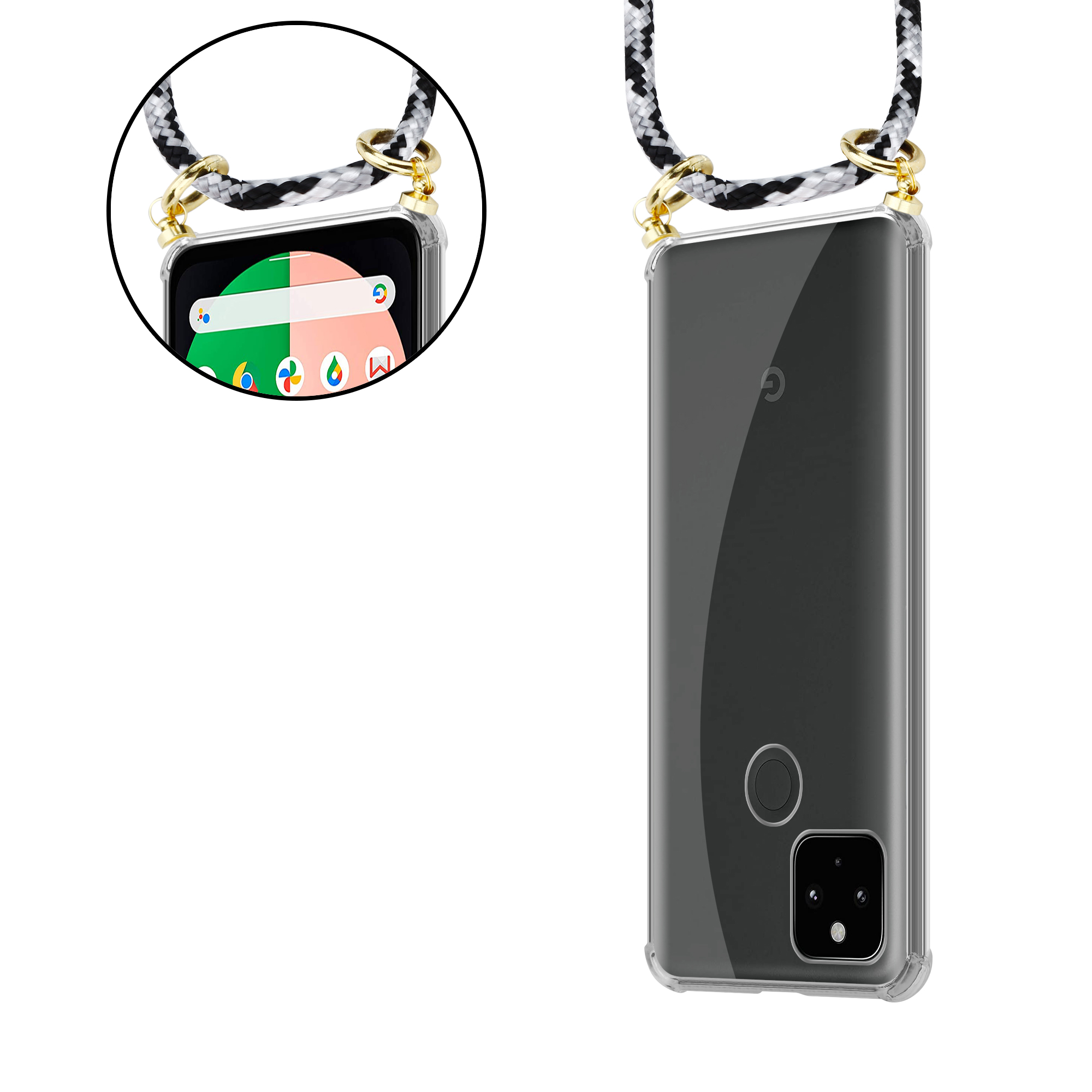 CADORABO Handy Kette mit Gold Backcover, 5 Kordel Hülle, PIXEL SCHWARZ Google, Ringen, Band CAMOUFLAGE und abnehmbarer XL