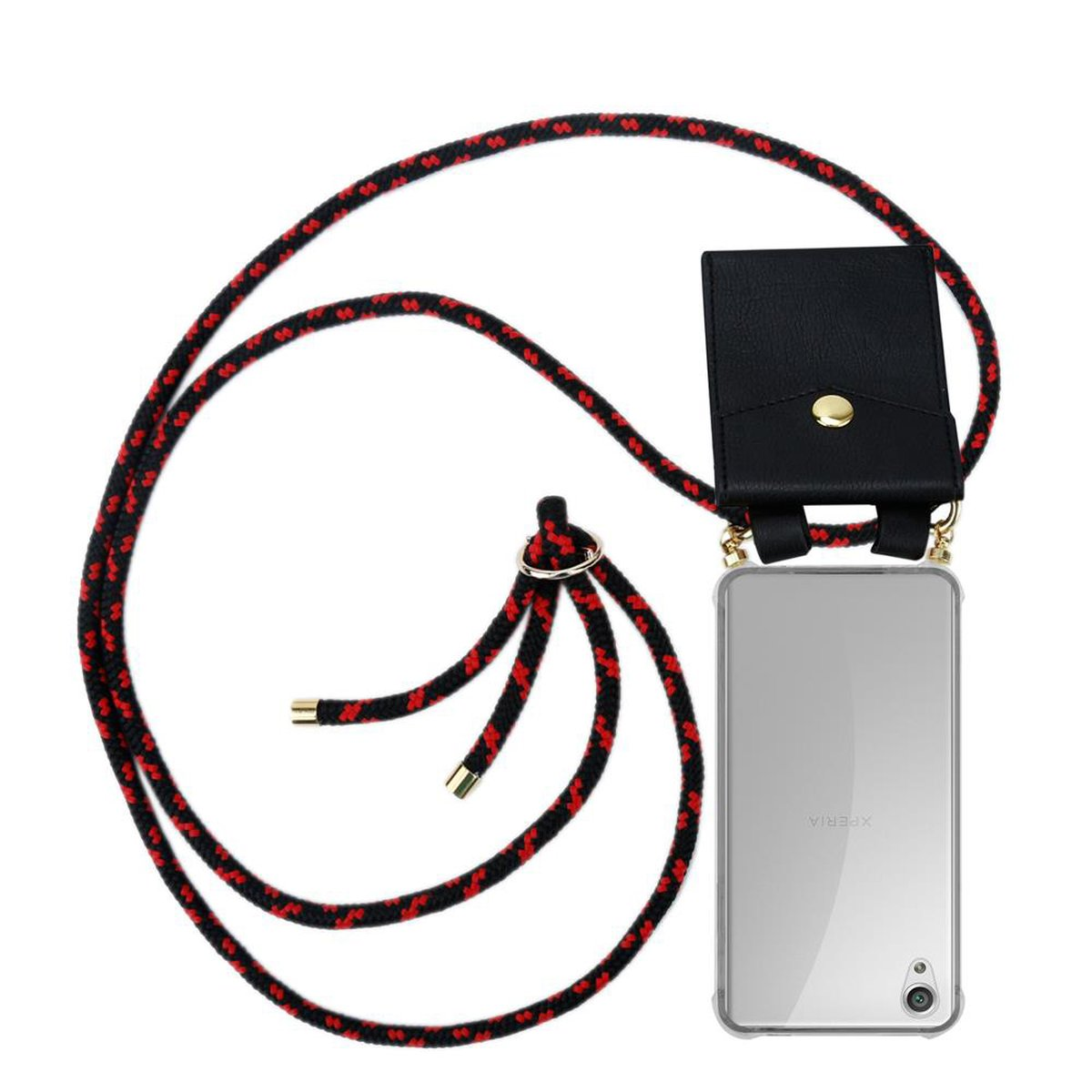 Telefon mit schwarzem Etui und einem rot-schwarzen Seilband.
