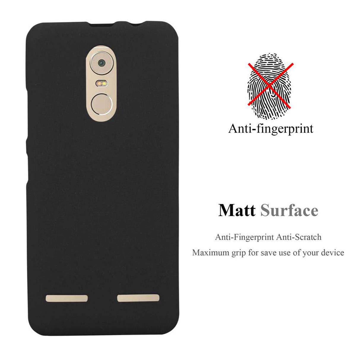 Custodia per telefono nera. L'immagine mostra la sua forma e il testo 'Matt Surface'. Icona impronta digitale.