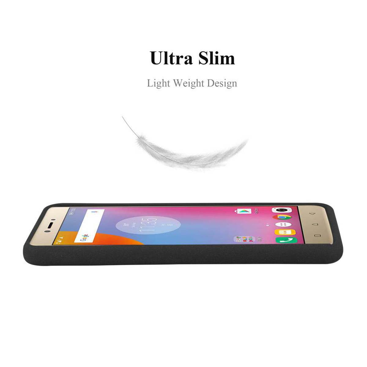 Un telefono appoggiato piatto. Una piuma bianca è sopra il telefono. Il testo recita Ultra Slim.