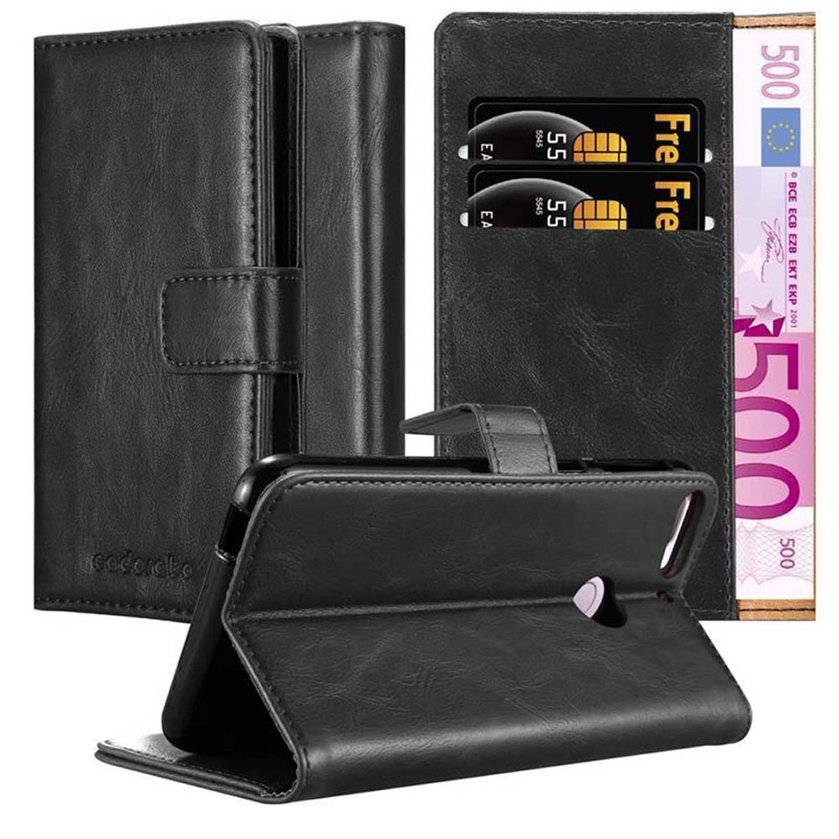 Schwarze Leder-Handyhülle, mit Karten und Geld. Das Telefon ist in der Hülle.