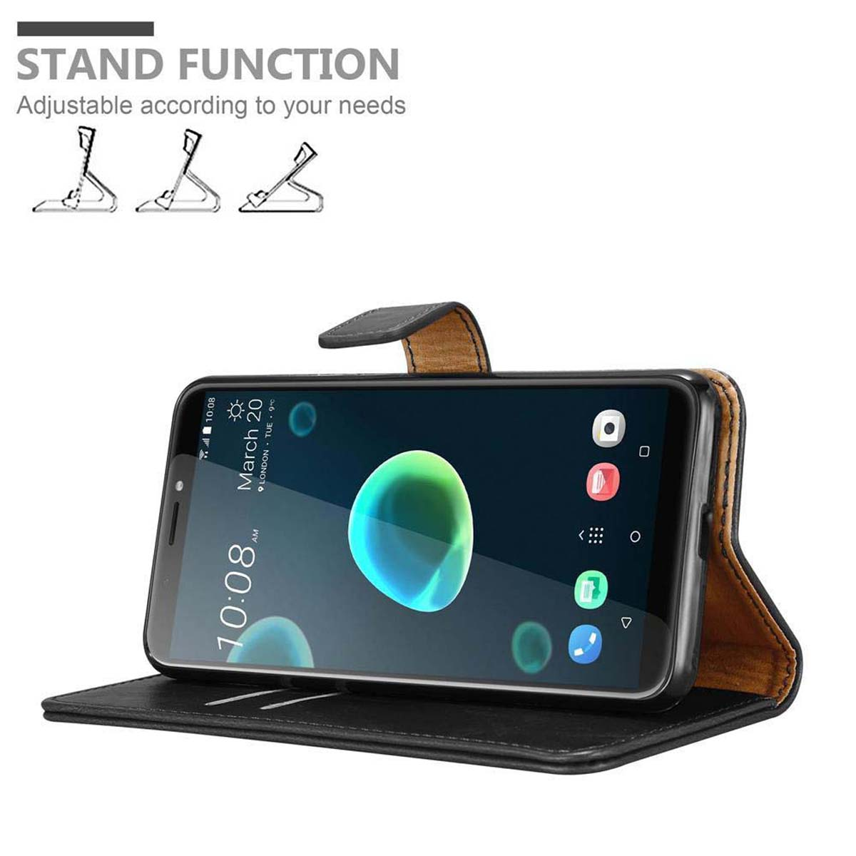 Telefon in schwarzem Case, steht in Lederetui. Standfunktion oben gezeigt.
