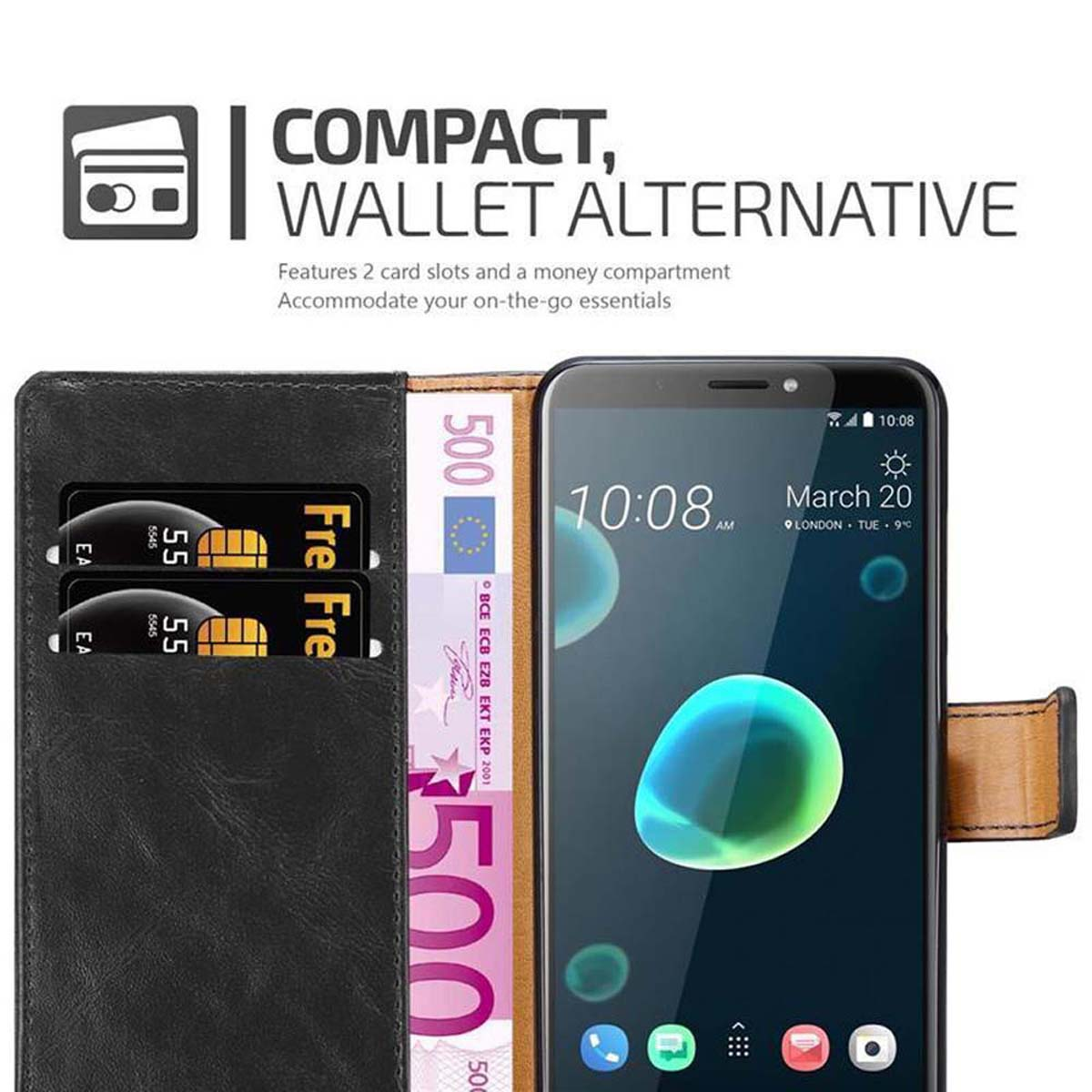 Telefon in schwarzer Brieftasche mit Karten und Geld. Hülle ist offen, Bildschirm sichtbar.
