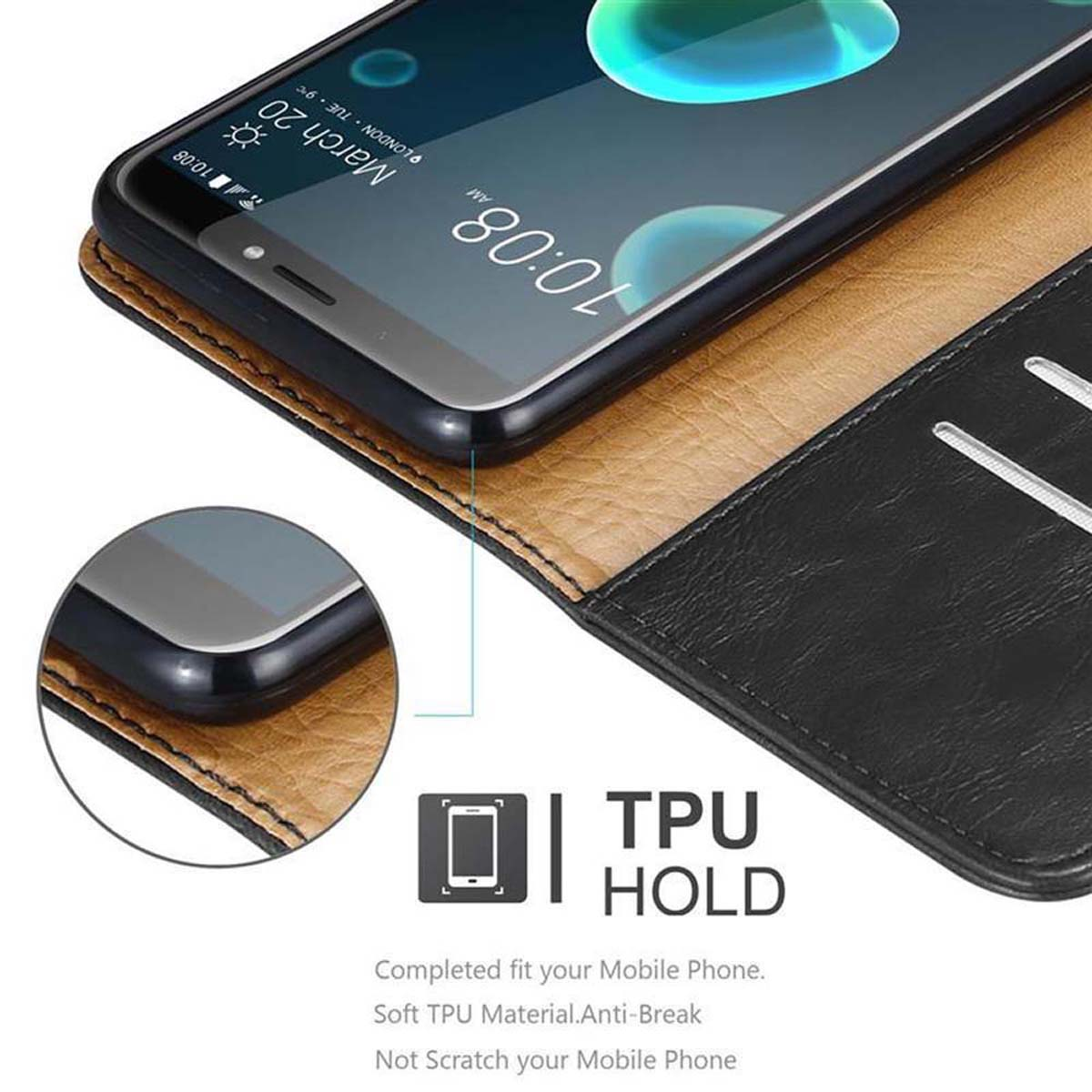 Telefon in einer Lederhülle. Text lautet 'TPU HOLD' und 'Soft TPU Material, Anti-Break'.
