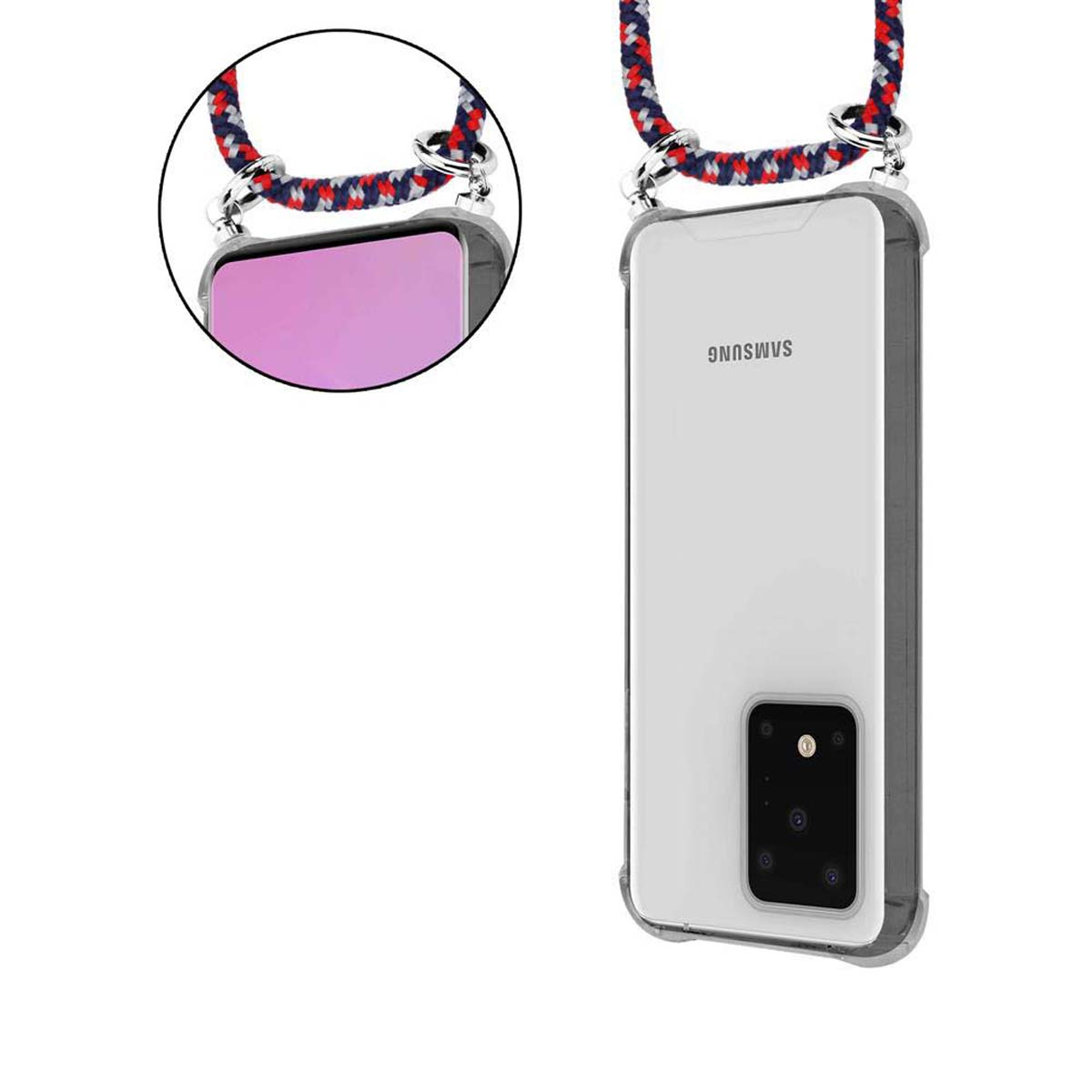 Custodia per telefono con cinturino blu e rosso e retro trasparente. Il telefono è visibile. La custodia è intorno al telefono.