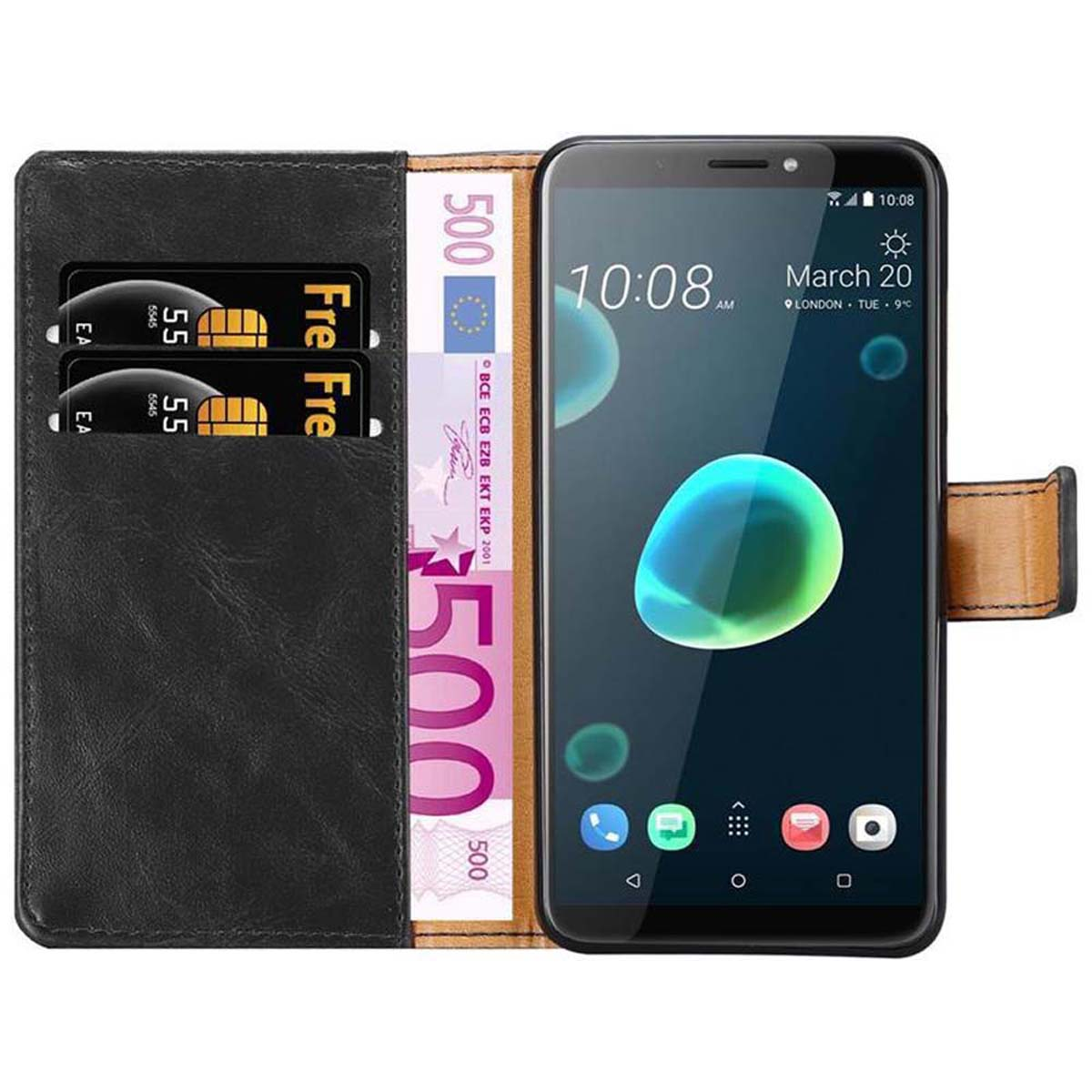 Schwarze Handyhülle mit einem Telefon darin. Der Bildschirm zeigt die Uhrzeit an. Links ist eine Geldbörse.