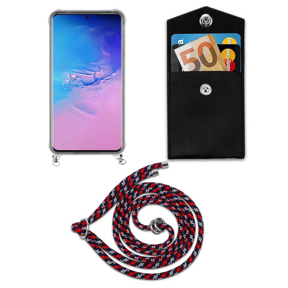 Un telefono, un porta carte con carta e un cordino con un motivo colorato su sfondo bianco.