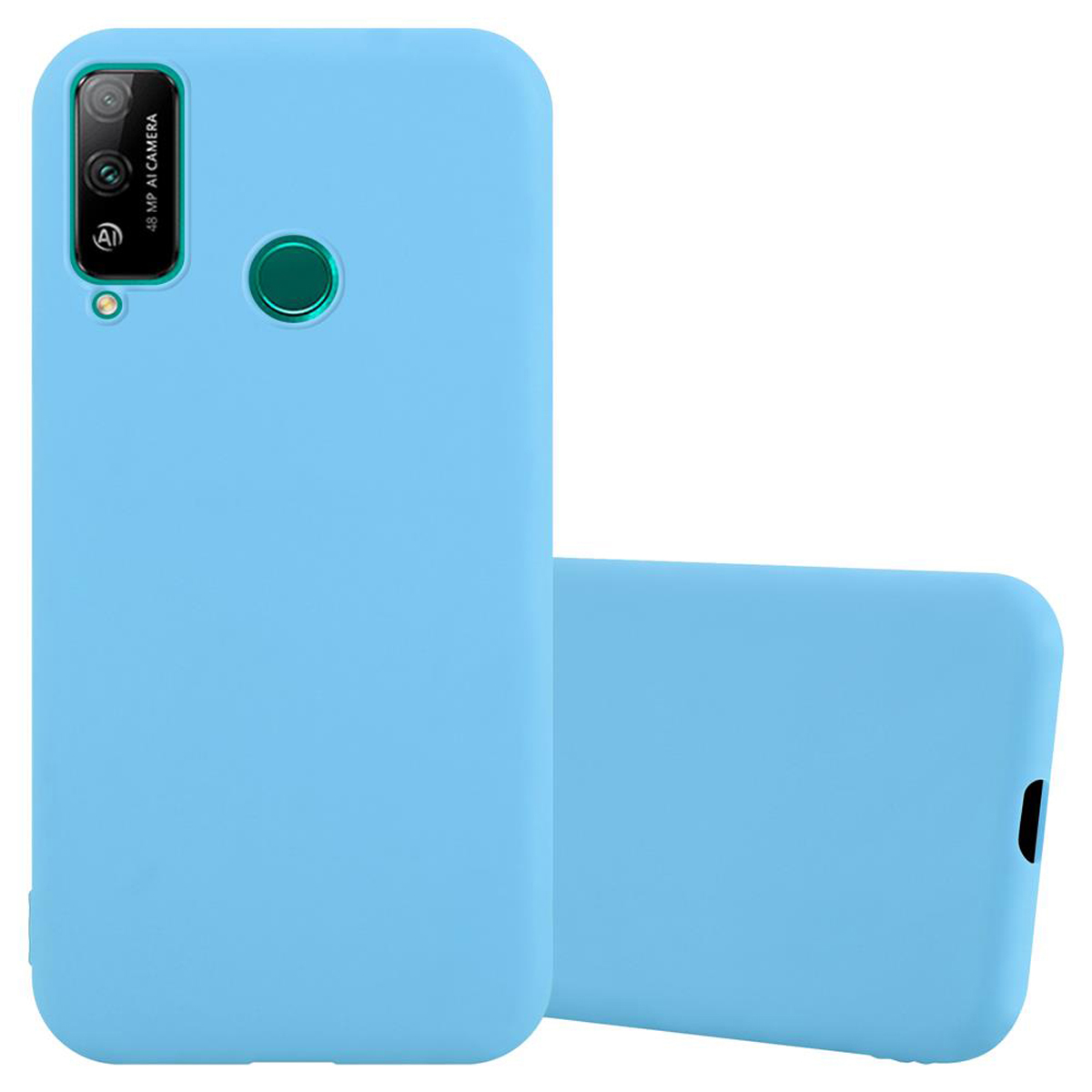 Due custodie per telefono azzurre. Una è una cover posteriore, l'altra è una custodia completa per telefono con fotocamera e sensore di impronte digitali.