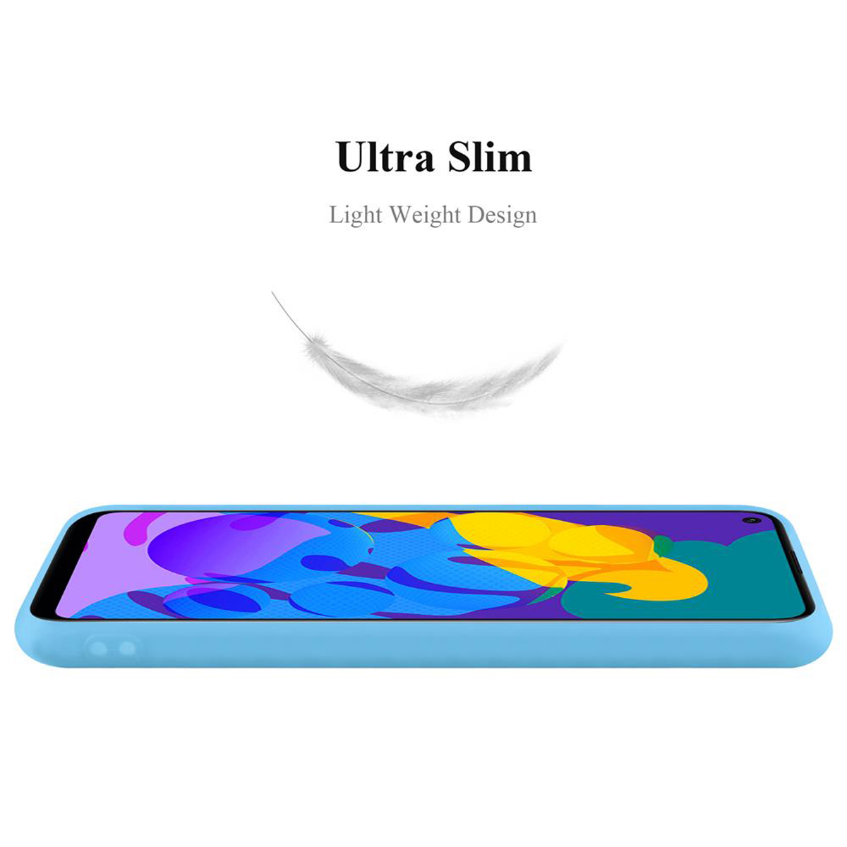 Custodia per telefono azzurra su sfondo bianco. Testo: Ultra Slim, Light Weight Design. Una piuma è sopra il telefono.