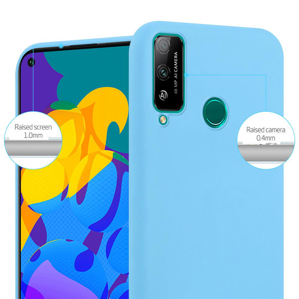 Custodia blu per telefono con un telefono. I diagrammi indicano lo schermo e la fotocamera rialzati.