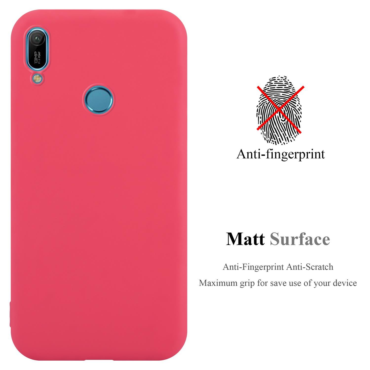 Custodia rossa con superficie opaca. Design anti-impronta. Viene mostrata un'impronta con una croce.