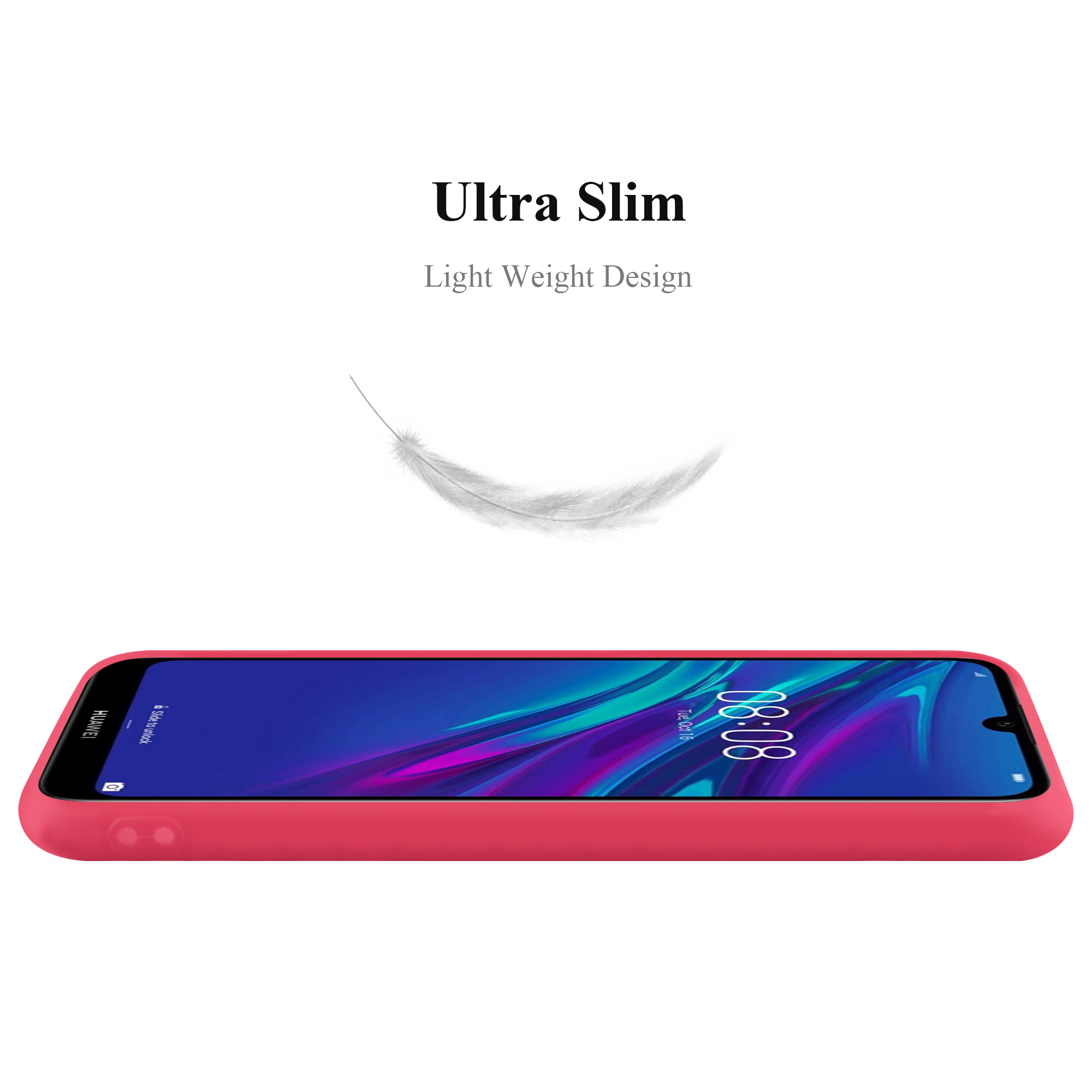 Una custodia rosa per telefono. Il testo 'Ultra Slim' e una grafica a forma di piuma sullo sfondo.