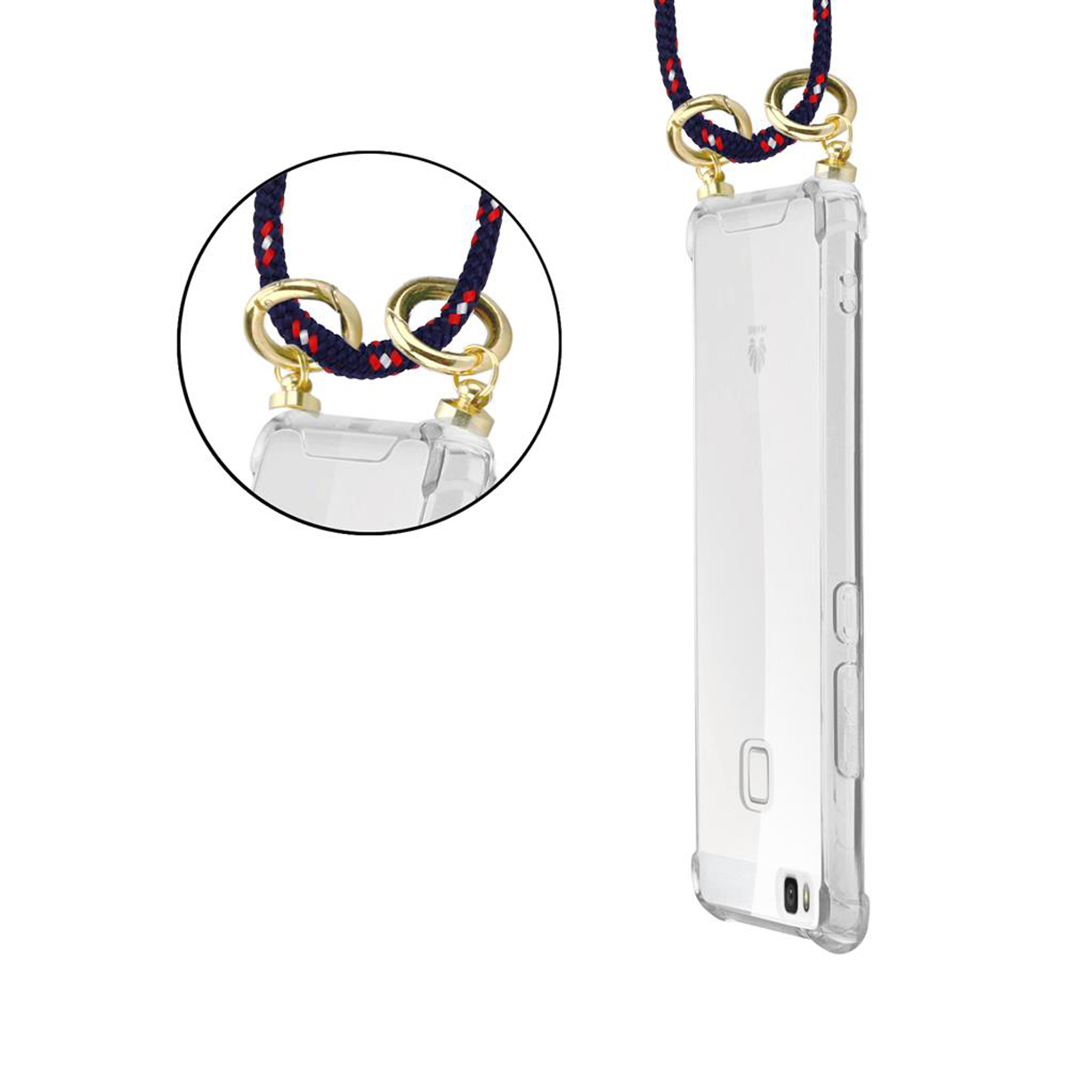 Transparente Handyhülle mit Seilriemen und goldenen Ringen.