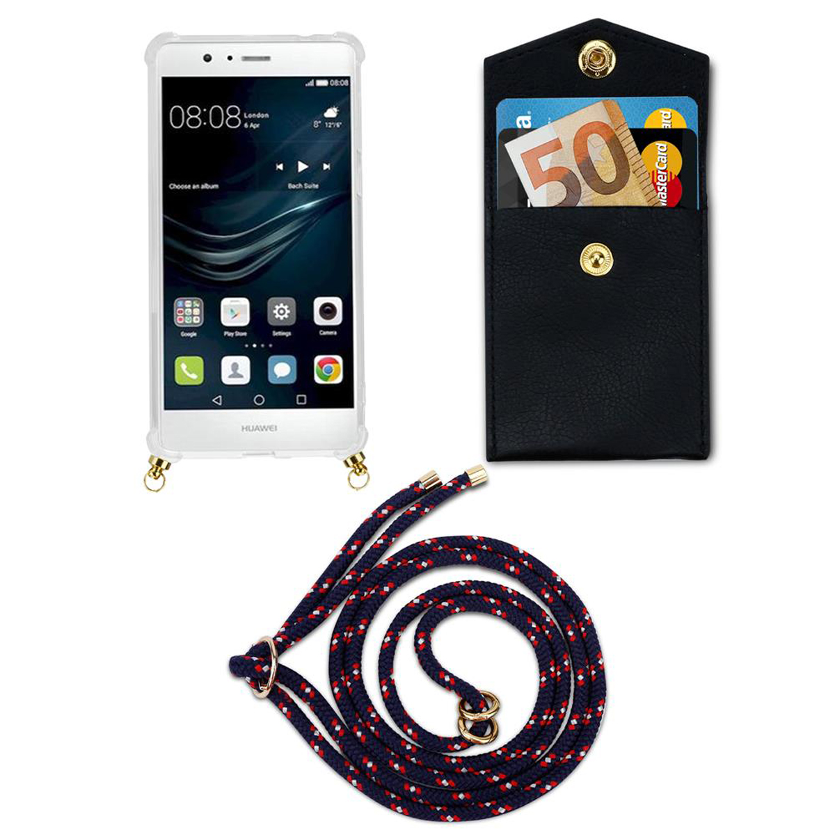 Ein Telefon mit transparenter Hülle und Schlüsselband. Das Telefon hat eine weiße Hülle mit einer schwarzen Geldbörse.