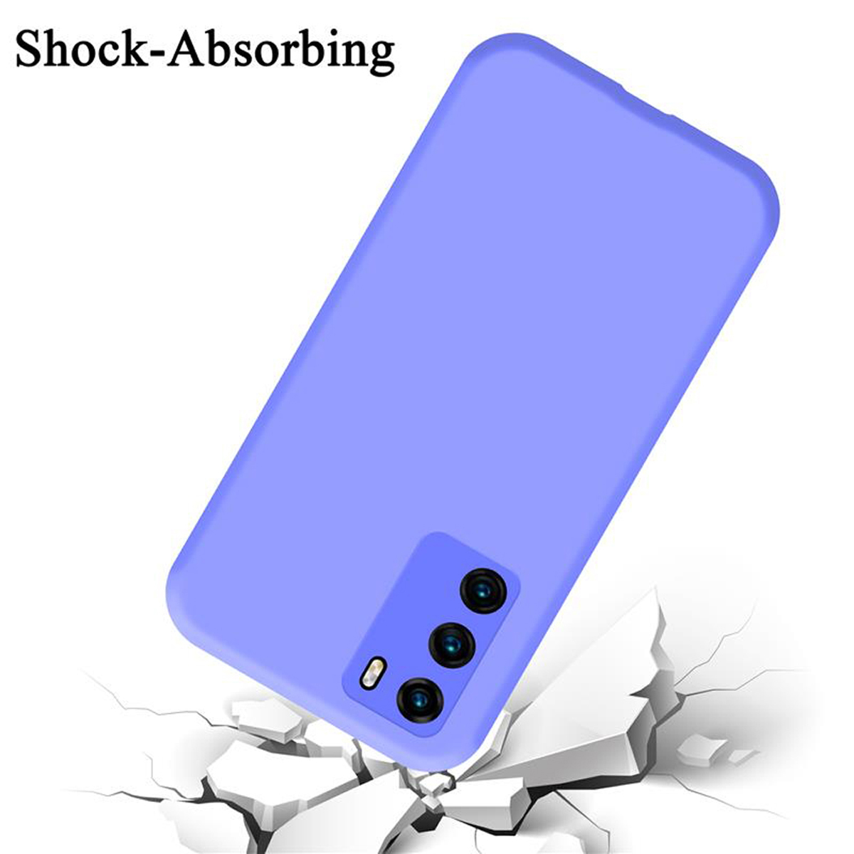 Lila Handyhülle auf weißem Hintergrund mit Text 'Shock-Absorbing'.