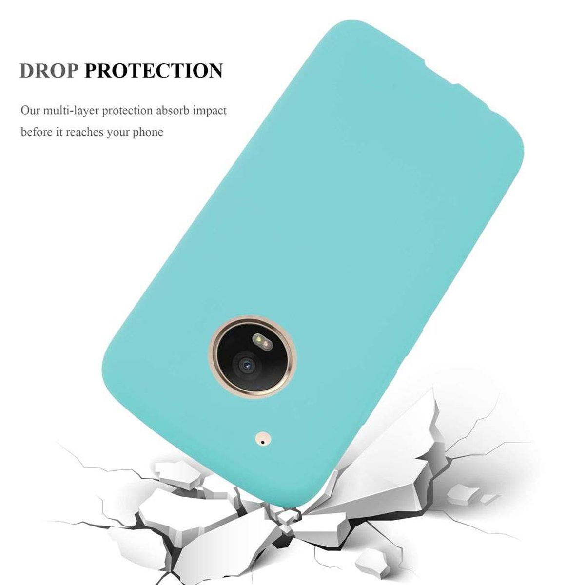 Custodia blu su superficie bianca con crepe, testo 'DROP PROTECTION'.