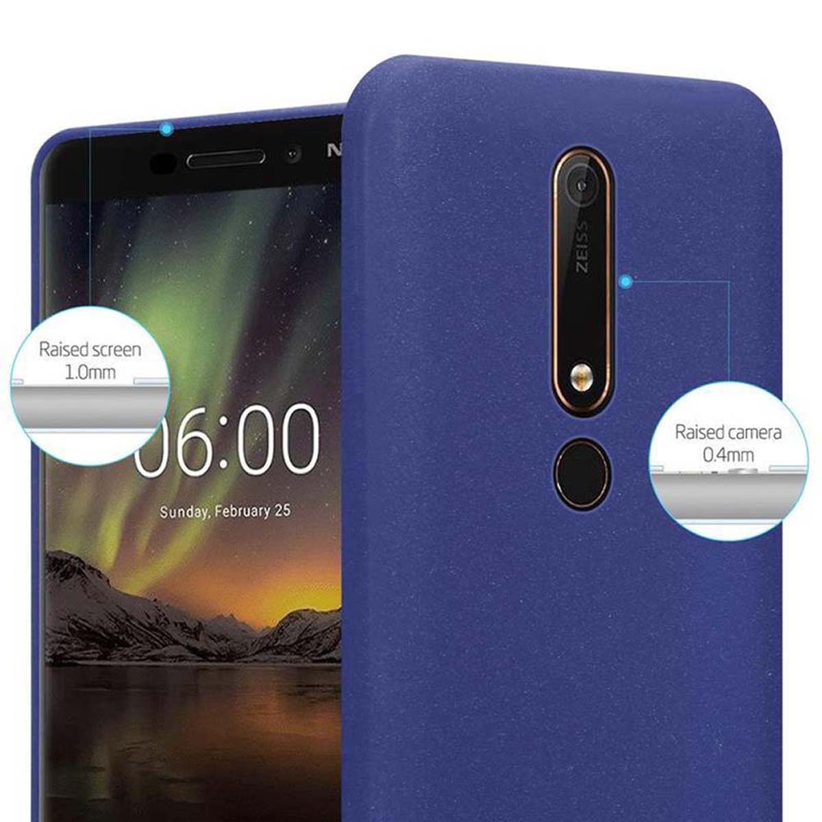 Una custodia per telefono blu scuro con un telefono all'interno. L'immagine mostra i dettagli della protezione dello schermo e della fotocamera rialzata.