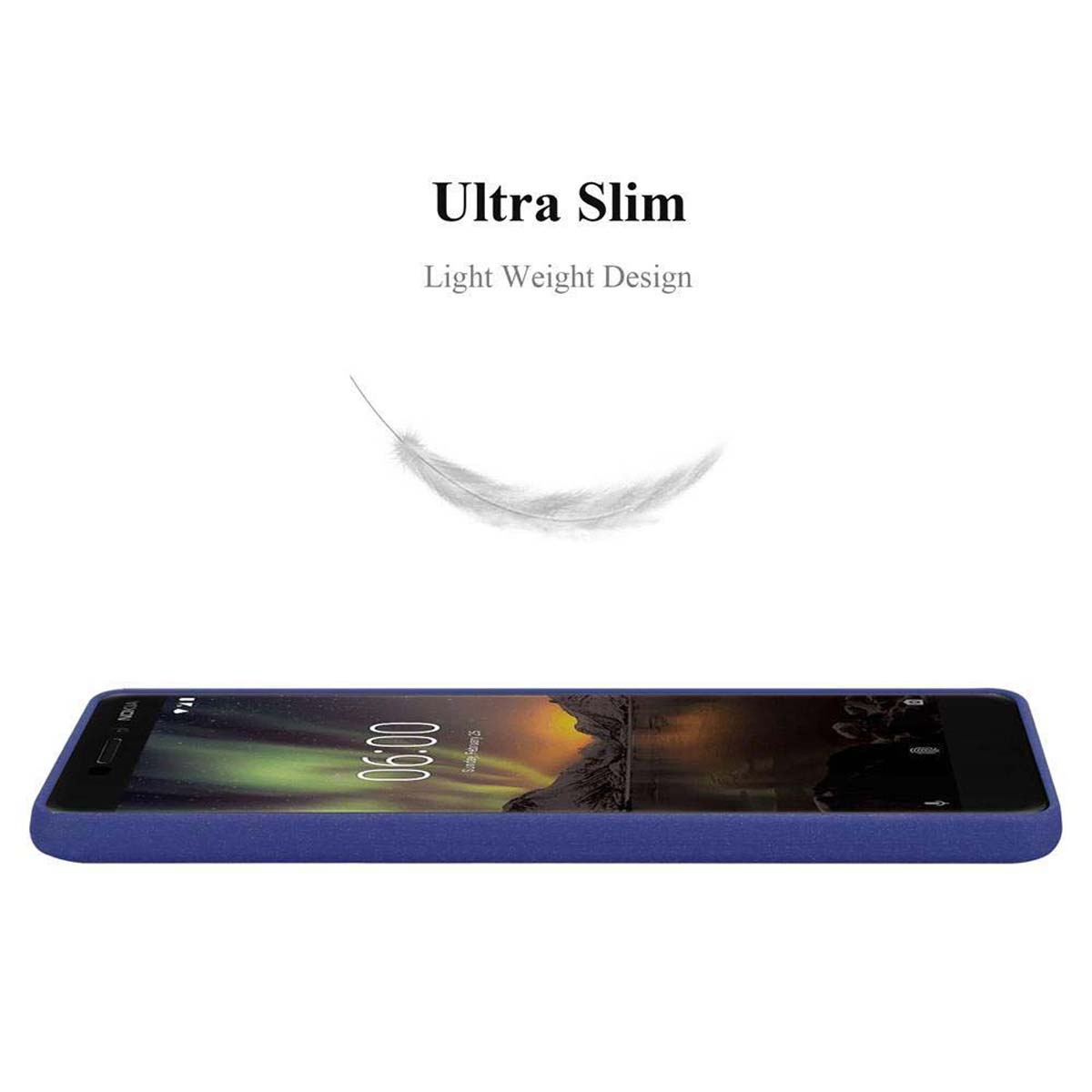 Telefono blu con testo Ultra Slim. C'è una piuma sopra il telefono.