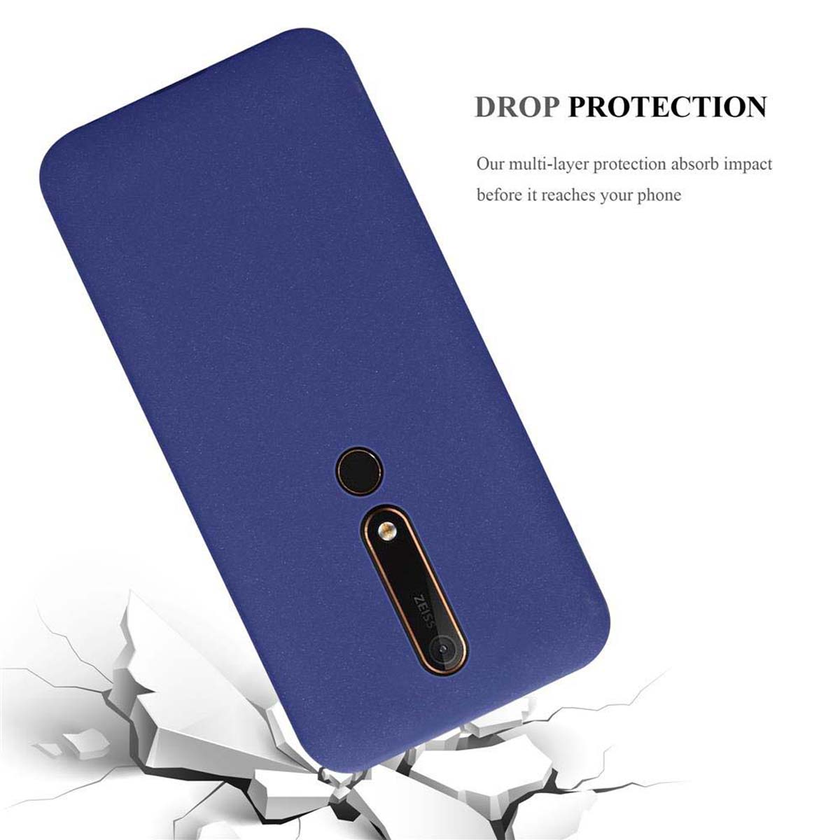 Una custodia per telefono blu con il testo "DROP PROTECTION" e una grafica di superficie incrinata.