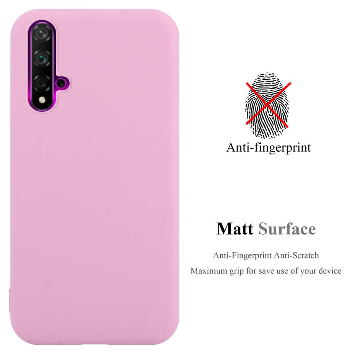 Eine pinkfarbene Handyhülle mit durchgestrichenem Fingerabdrucksymbol und den Worten 'Matt Surface'.