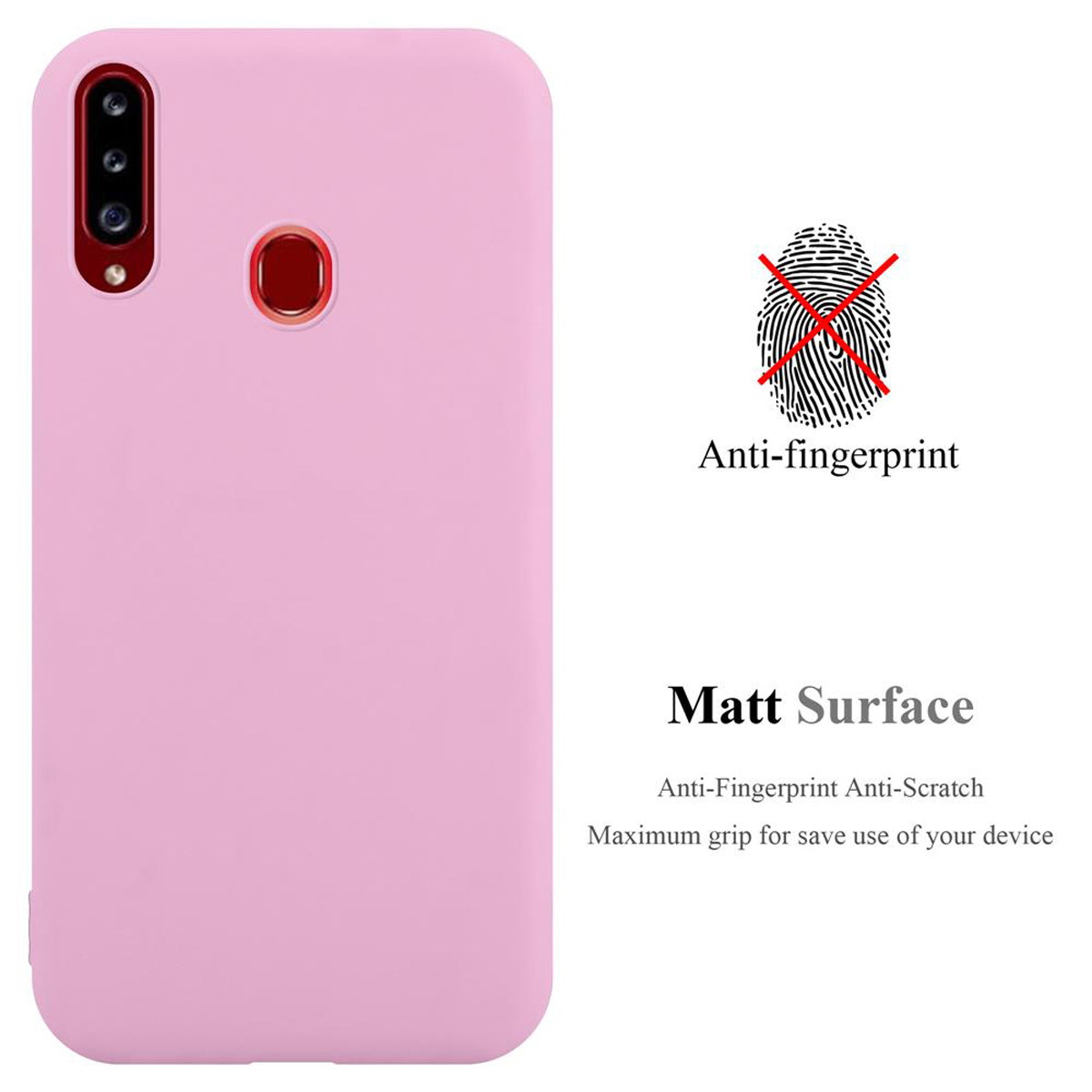 Eine rosa Handyhülle mit Text und Anti-Fingerabdruck-Symbol. Auf weißem Hintergrund.