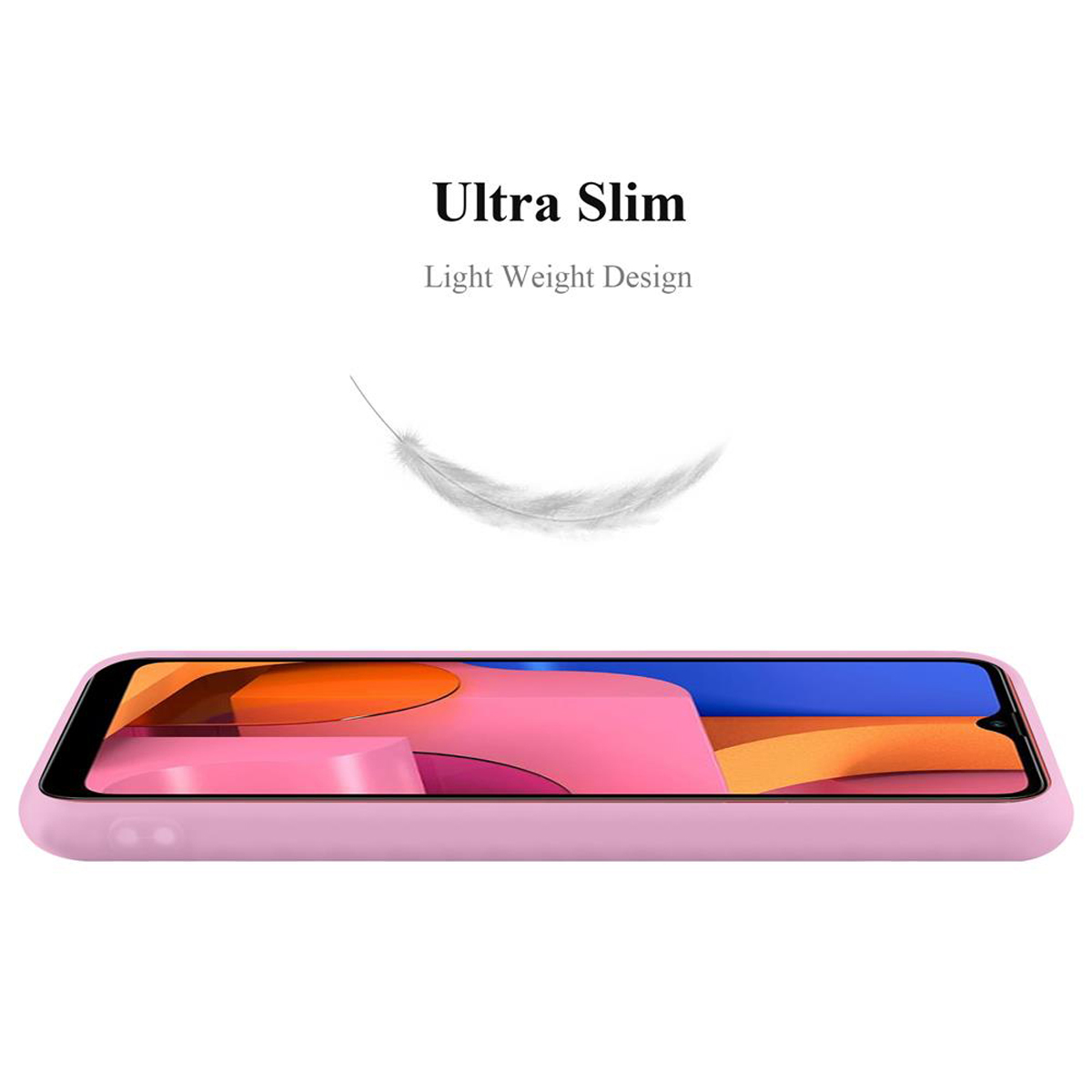Pinke Handyhülle von der Seite. Text sagt Ultra Slim und Light Weight Design, mit einer schwebenden Feder.